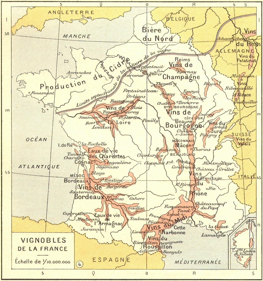 Carte des vignobles de la France.