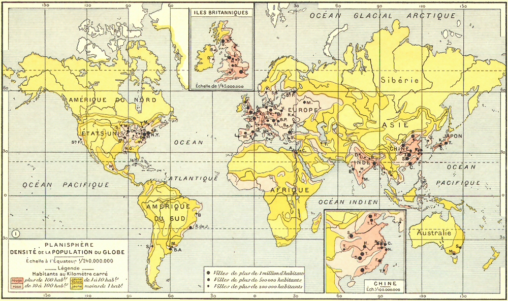 Carte de la densit de la population du globe.