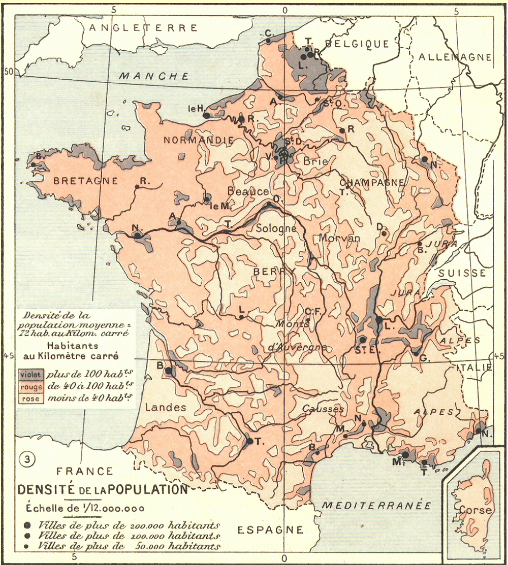 Carte de la densit de la population en France.