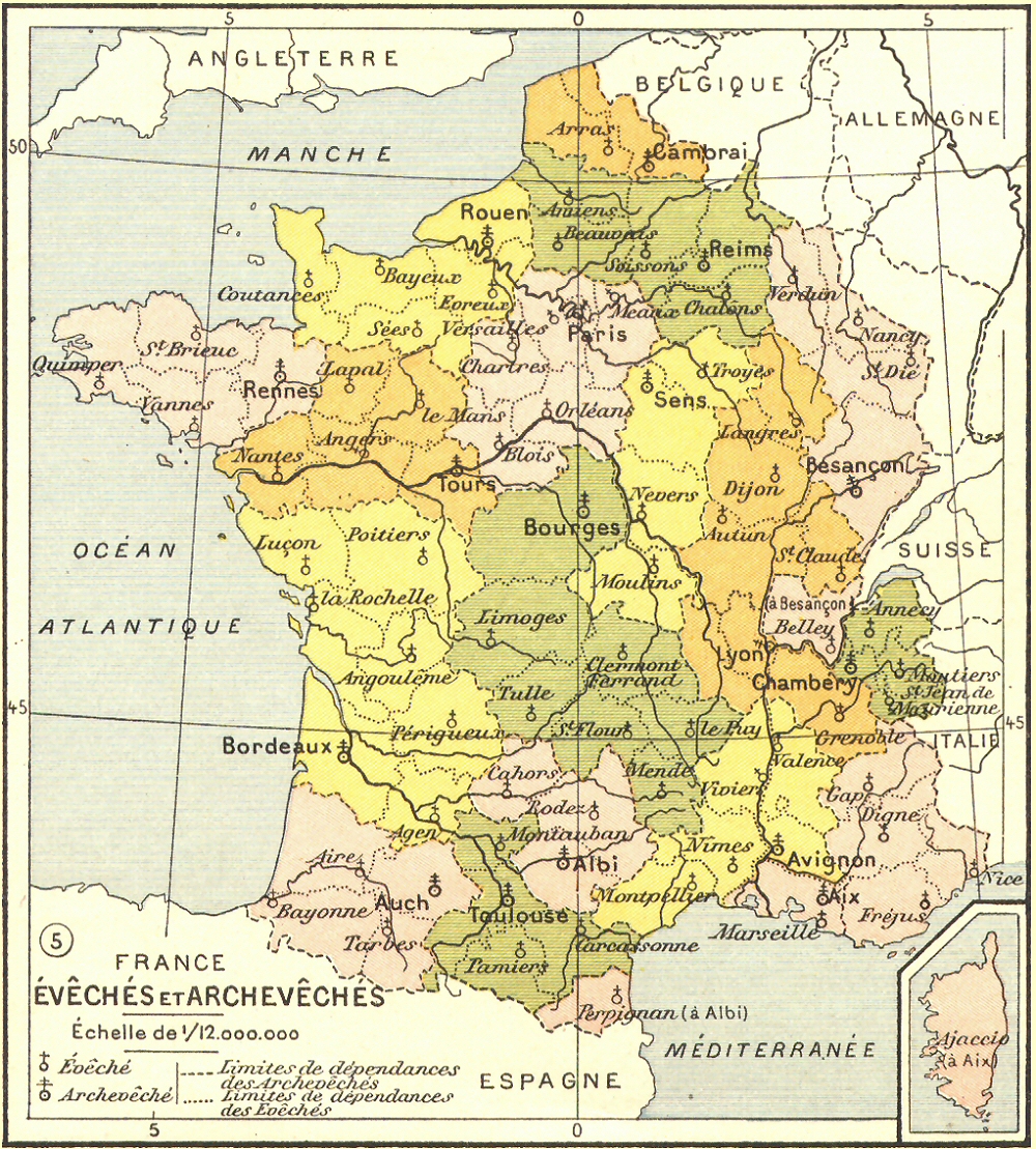 Carte des vchs et des archevchs en France.