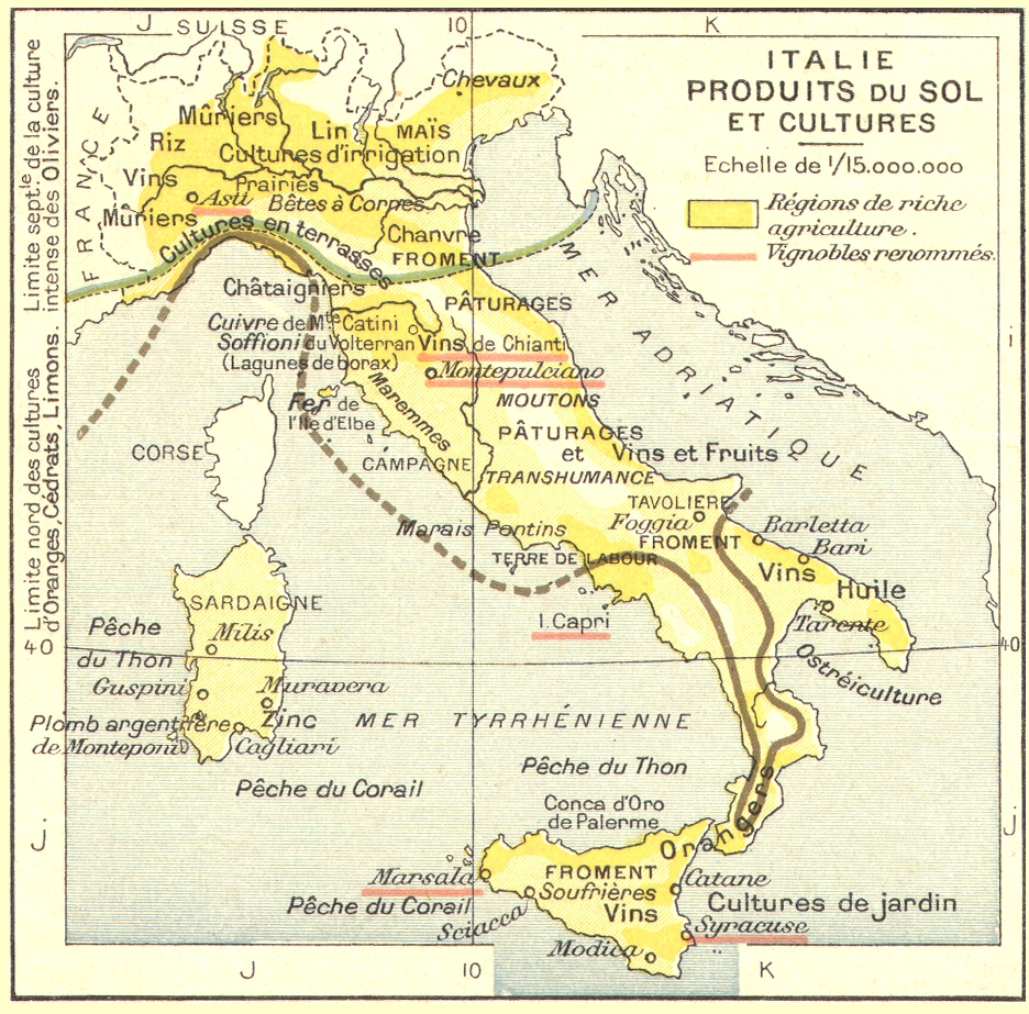 Carte des produits du sol et des cultures de l'Italie.