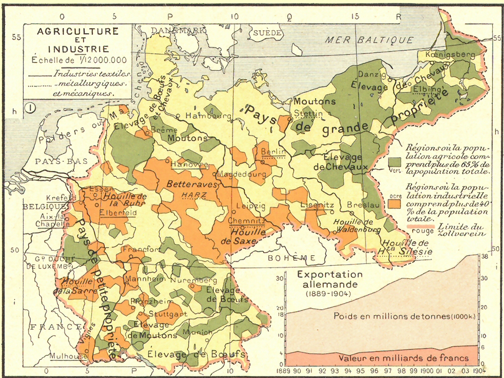 Carte de l'agriculture et de l'industrie de l'Allemagne.
