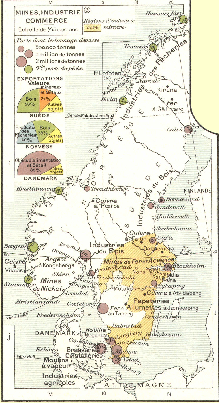 Carte de la Scandinavie : mines, industrie, commerce.