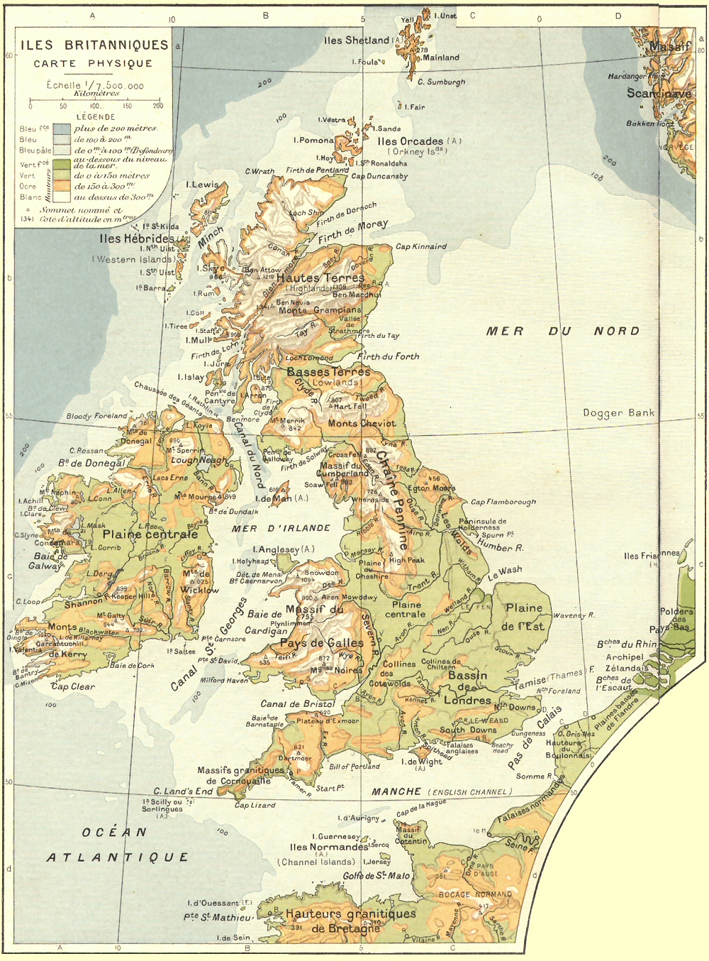 Carte physique des Iles Britanniques.