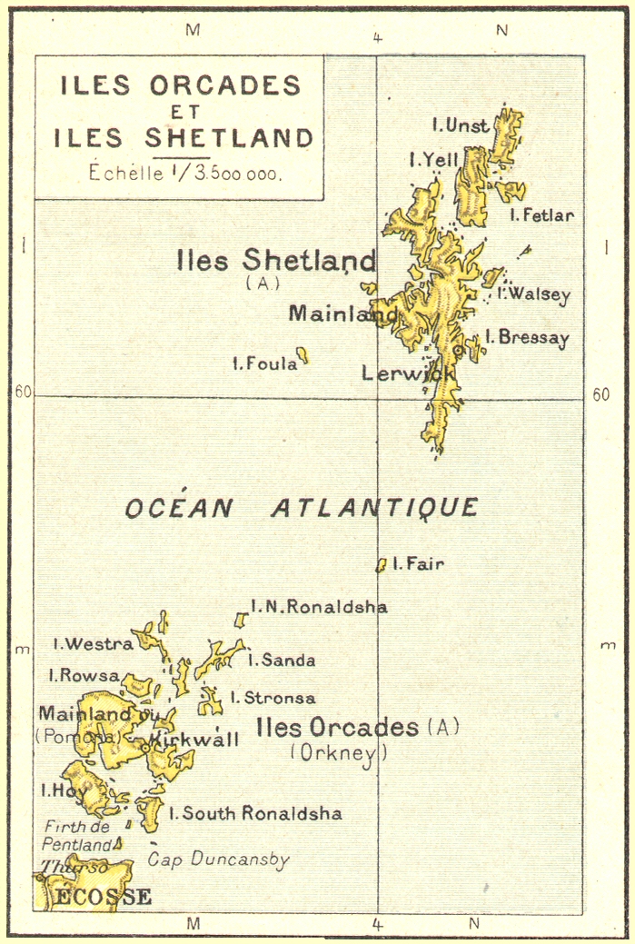Carte des Iles Orcades et des Iles Shetland.