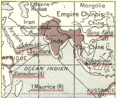 Carte des possessions anglaises dans l'Ocan Indien.