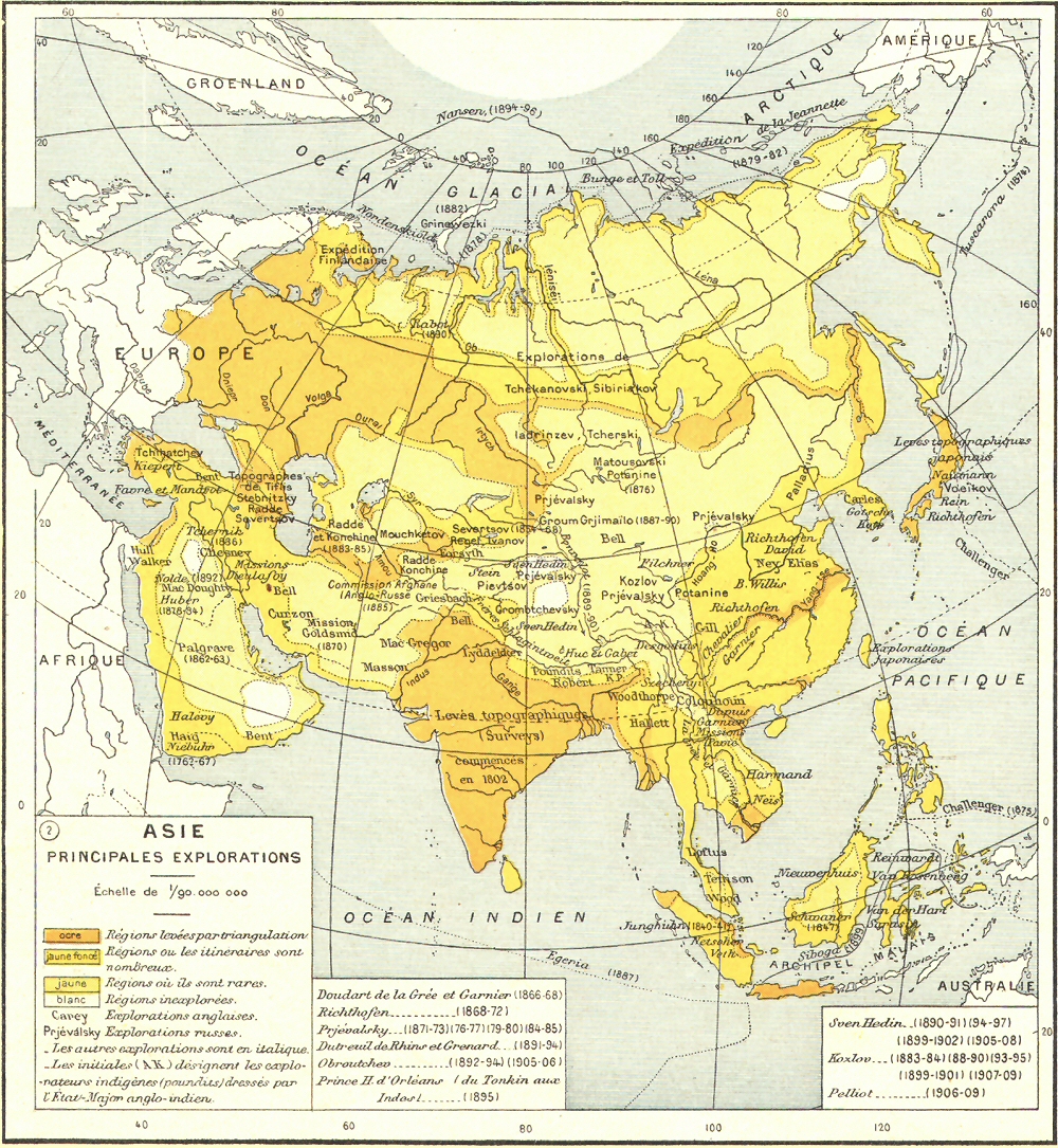 Carte des principales explorations de l'Asie.