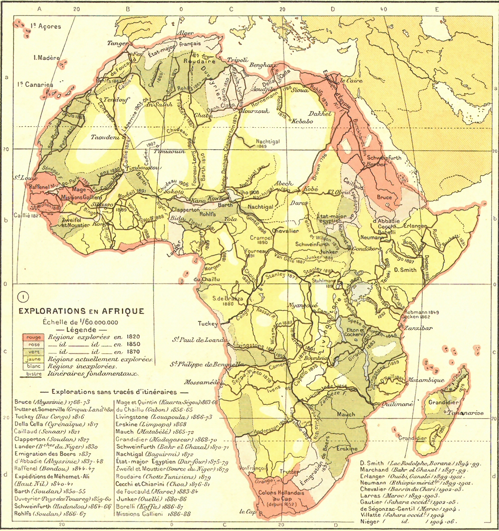 Carte des explorations de l'Afrique.