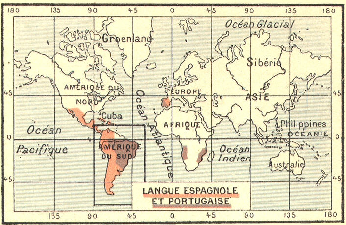 Carte de l'extension des langues espagnole et portugaise.