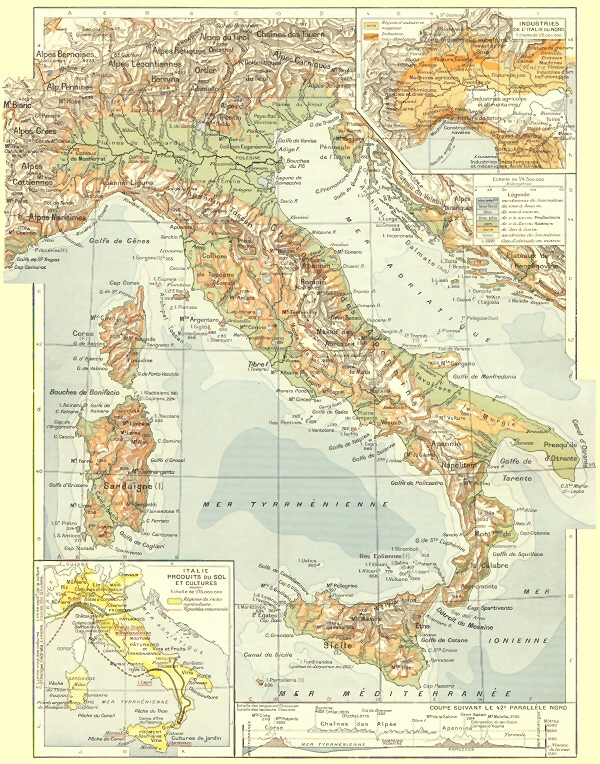 Carte physique de l'Italie.