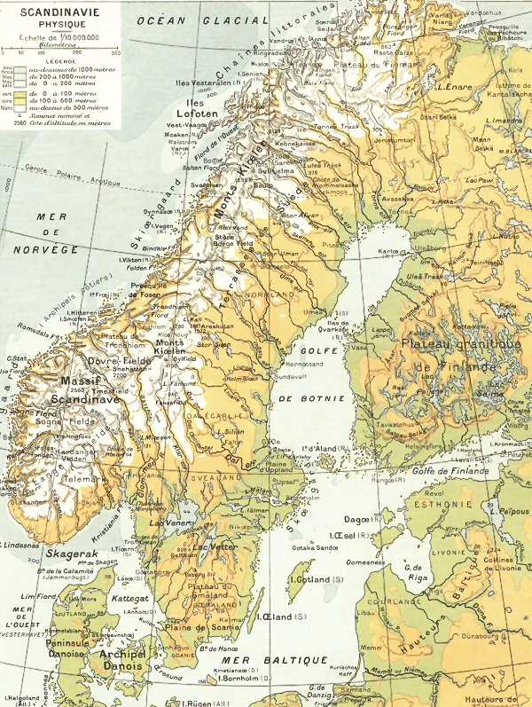 Carte physique de la Scandinavie.
