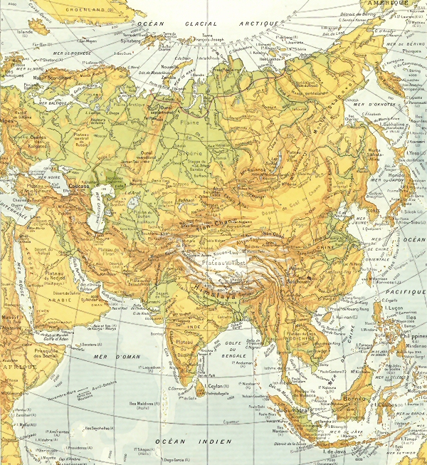 Carte physique de l'Asie.
