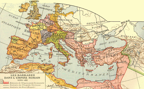 Carte des barbares dans l'Empire Romain.