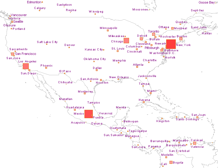 Carte des grandes agglomrations en Amrique du Nord