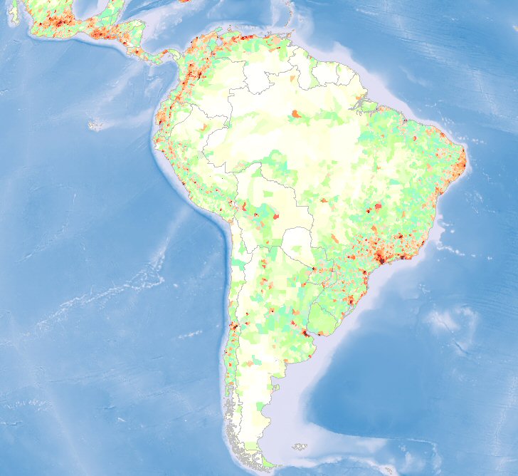Carte de la densit de la population en Amrique du Sud