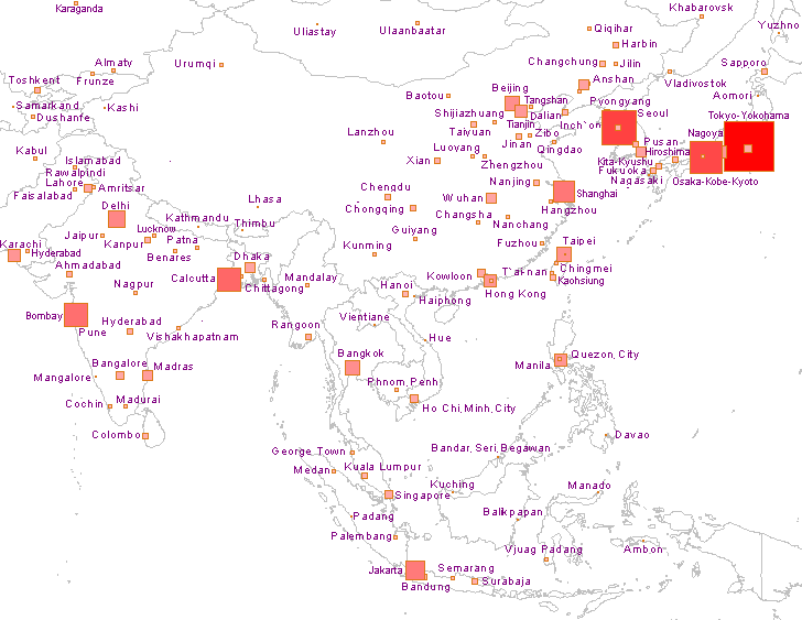 Carte des grandes agglomrations en Asie du Sud et de l'Est