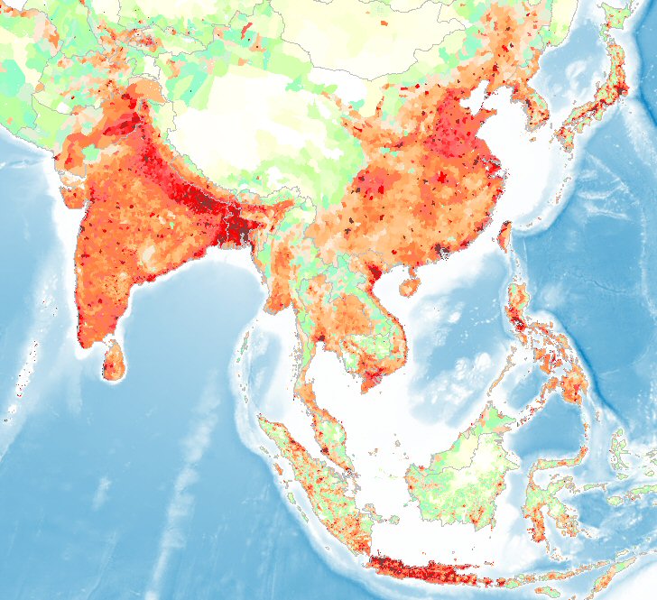 Carte de la densit de la population en Asie du Sud et de l'Est.