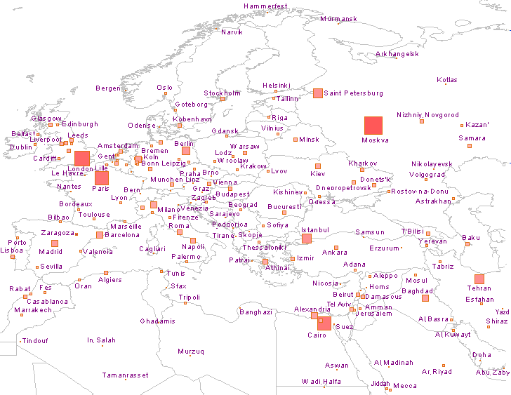 Carte des grandes agglomrations en Europe et au Moyen-Orient