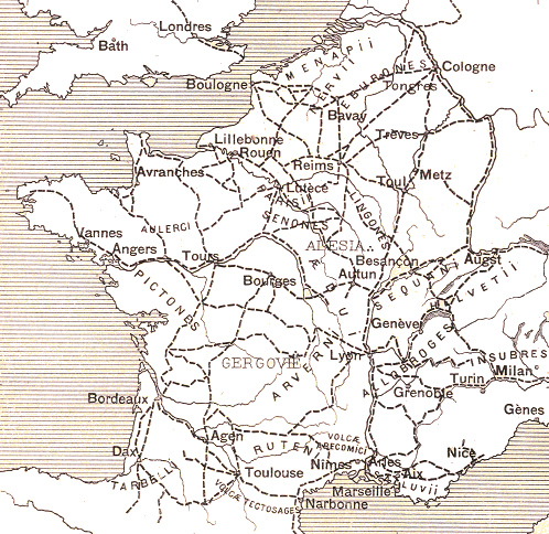 Carte de la Gaule : routes romaines.