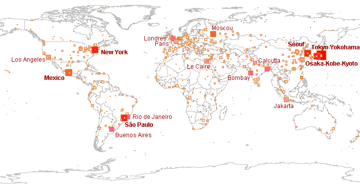 Carte des grandes agglomrations dans le monde