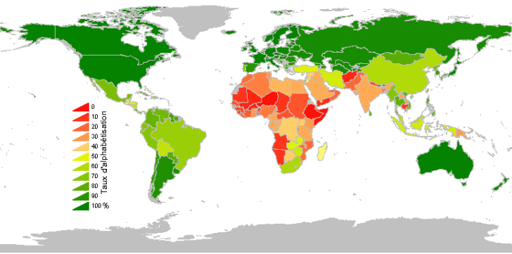 Carte de l'alphabtisation dans le monde.