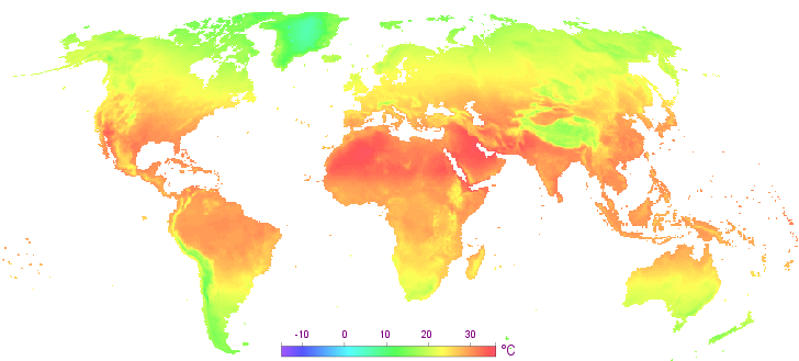 Carte des tempratures en aot dans le monde.