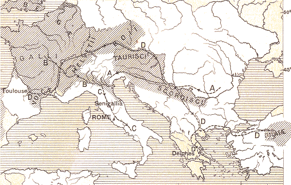 Carte de l'Europe : Migrations et incursions des Celtes.