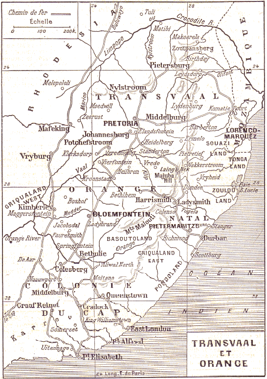Carte du Transvaal et de l'Orange vers 1900 (Afrique du Sud).