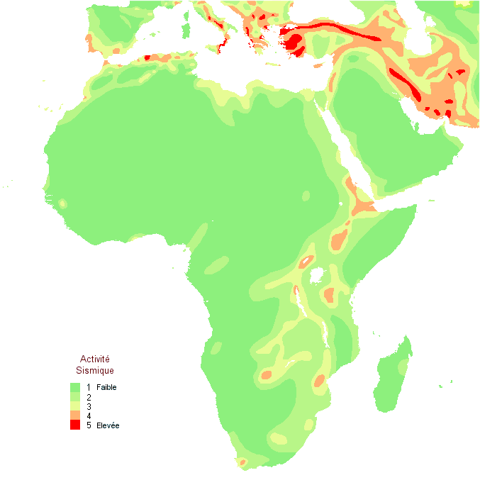 Carte des zones sismiques en Afrique.
