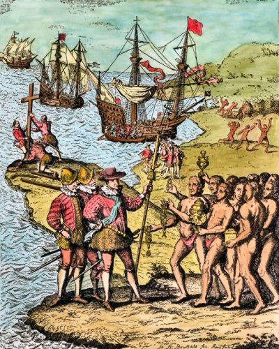 Gravure du dbarquement de Colomb en Amrique