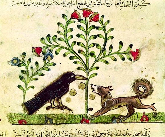 Illustration d'une version arabe de la fable du Corbeau et du Renard.