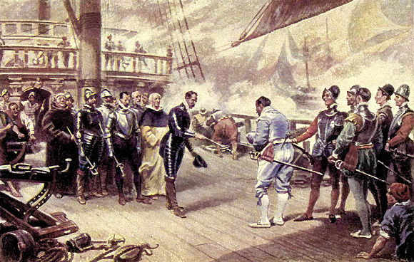 Francis Drake reçoit la reddition d'un capitaine espagnol.