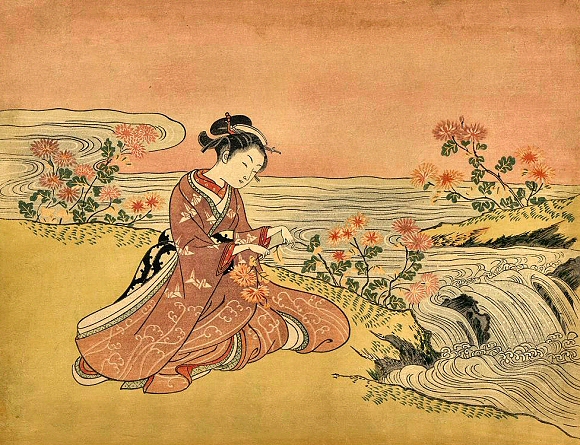 Harunobu : femme cueillant des chrysantèmes au bord d'une rivière.