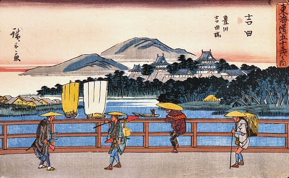 Hiroshige : Voyageurs sur la route de Tokaïdo.