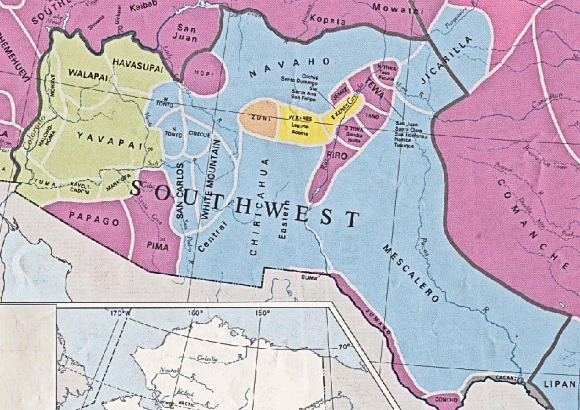 Carte de rpartition des Indiens du Sud-Ouest des Etats-Unis vers le milieu du XVIIe sicle.