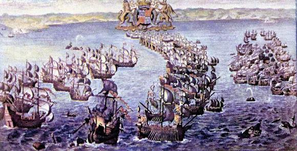 Bataille entre l'Invincible armada et le flotte anglaise.