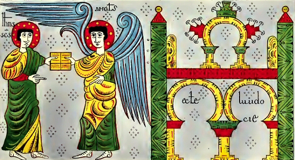 Un ange apporte le livre de Jean à Laodiocée (manuscrit wisigothique).