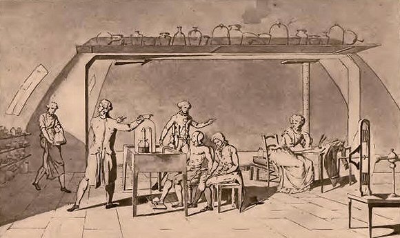 Le laboratoire de Lavoisier : expérience sur la respiration.