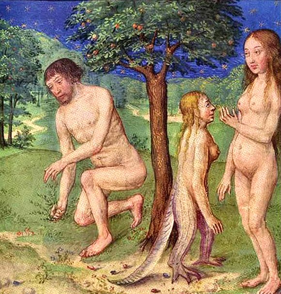 Adam, Eve et Lilith (enluminure du Moyen âge).