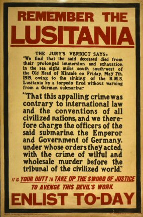 Affiche de recrutement américaine après le torpillage du Lusitania.