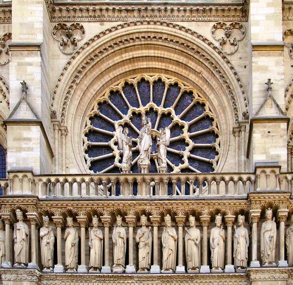Façade de Notre-Dame de Paris : galerie des rois et rosace.