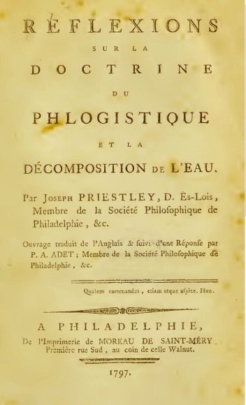 Priestley : frontispice de ses Réflexions sur le Phlogistique.