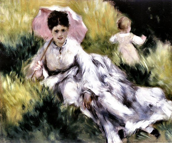 Renoir : Femme à l'ombrelle et enfant.