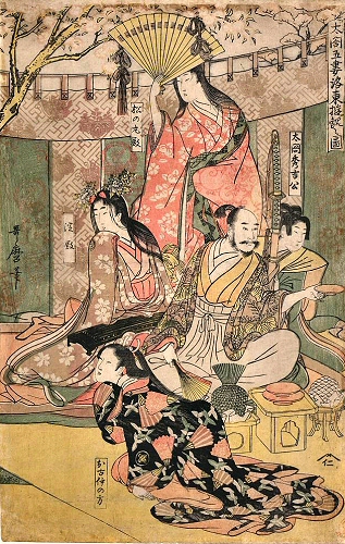 Utamaro : Toyotomi Hideyoshi prenant le thé, entouré de quatre courtisanes.
