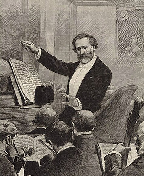 Verdi dirigeant l'orchestre lors d'une représentation de Aïda.