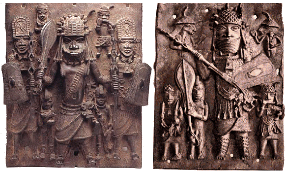 Guerriers béninois armés de boucliers (bronzes du XVIe siècle).