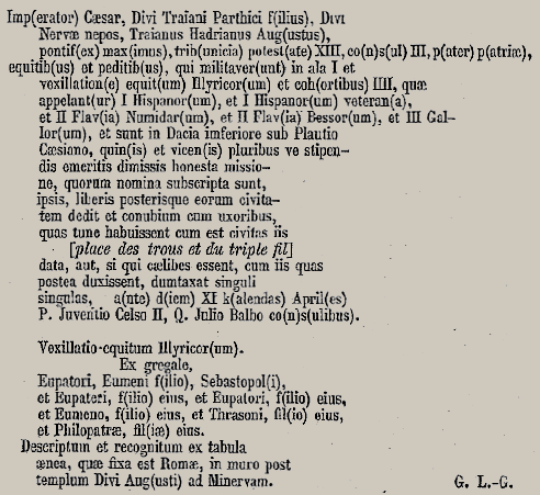 Transcription d'un diplme militaire romain.